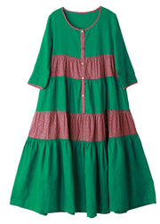 Elegant Green O-Neck Button Patchwork Vacation Dresses Long Sleeve