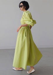 Elegant Green O-Neck Button Pockets Wrinkled Cotton Long Dress Puff Sleeve