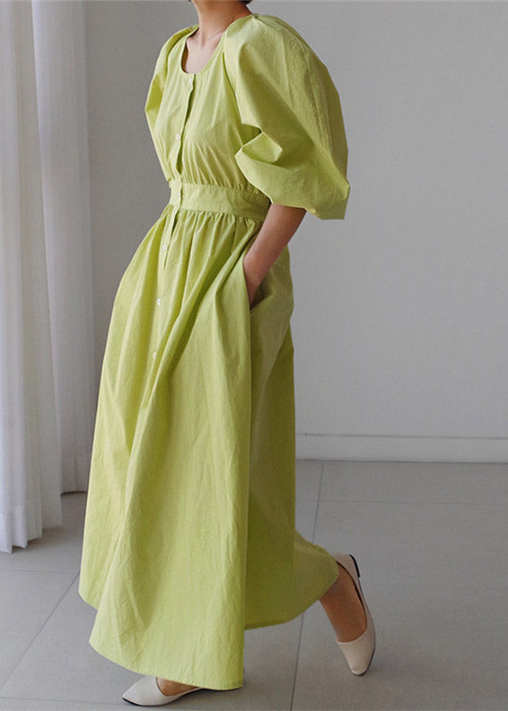 Elegant Green O-Neck Button Pockets Wrinkled Cotton Long Dress Puff Sleeve