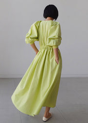 Elegant Green O-Neck Button Pockets Wrinkled Cotton Long Dress Puff Sleeve