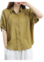 Elegant Green Peter Pan Collar Patchwork Button Linen Blouse Tops Short Sleeve