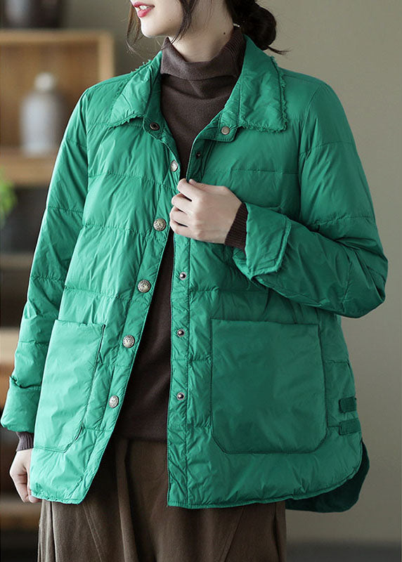 Elegant Green Pockets Casual Winter Down Coats