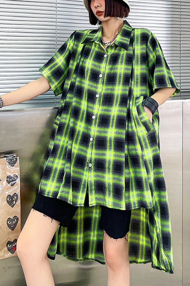 Elegant Green Plaid Cotton Buttonlow high design Summer Maxi Dresses - SooLinen