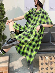 Elegant Green Plaid Cotton Buttonlow high design Summer Maxi Dresses - SooLinen