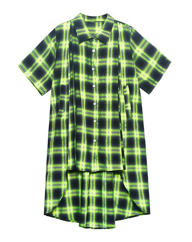 Elegant Green Plaid Cotton Buttonlow high design Summer Maxi Dresses - SooLinen