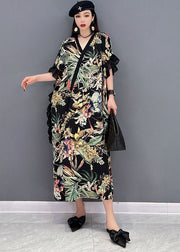 Elegant Green Print Ruffled Patchwork Chiffon Long Dress Short Sleeve