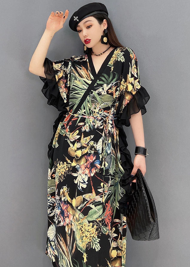 Elegant Green Print Ruffled Patchwork Chiffon Long Dress Short Sleeve