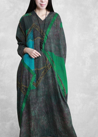 Elegant Green Print Tunic Pattern V Neck Patchwork Maxi Spring Dress - SooLinen