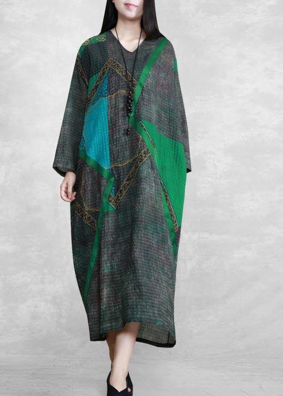 Elegant Green Print Tunic Pattern V Neck Patchwork Maxi Spring Dress - SooLinen