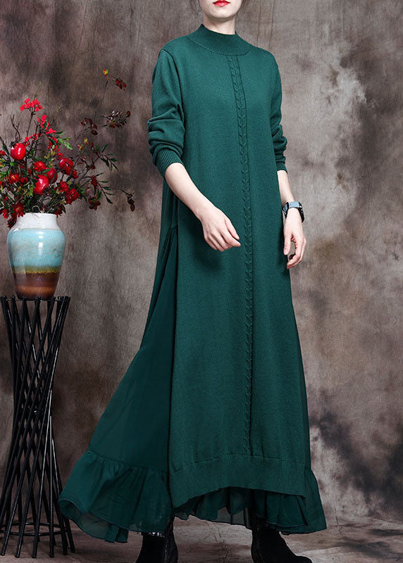 Elegant Green Stand Collar asymmetrical design Fall Knit Sweater Dress