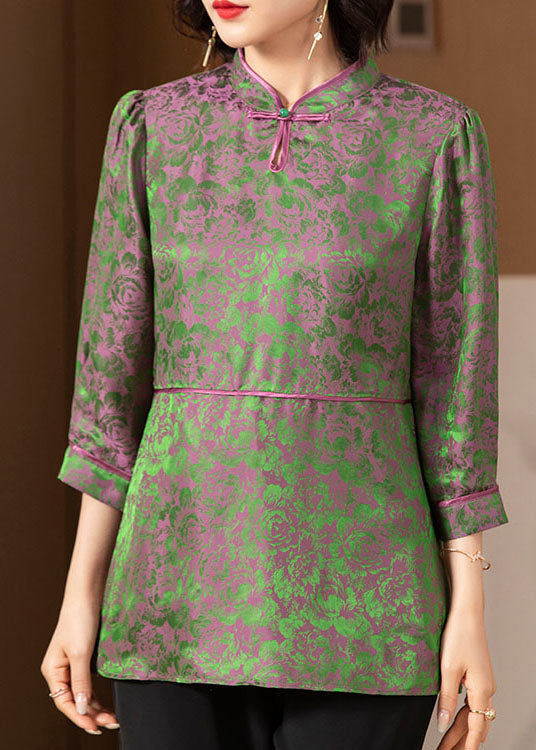 Elegant Green Stand Collar print Patchwork Silk Tops Three Quarter sleeve