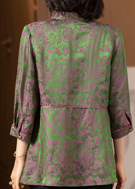 Elegant Green Stand Collar print Patchwork Silk Tops Three Quarter sleeve