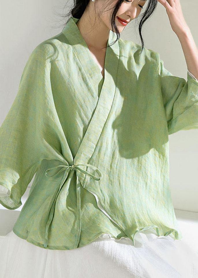 Elegant Green V Neck Butterfly Sleeve Tie Waist Summer Linen Tops - SooLinen