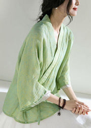 Elegant Green V Neck Butterfly Sleeve Tie Waist Summer Linen Tops - SooLinen