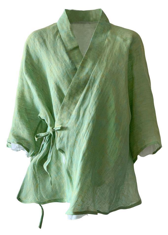 Elegant Green V Neck Butterfly Sleeve Tie Waist Summer Linen Tops - SooLinen