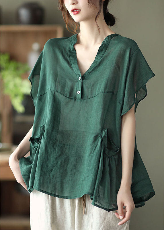 Elegant Green V Neck Button Fall Short Sleeve Blouse Top