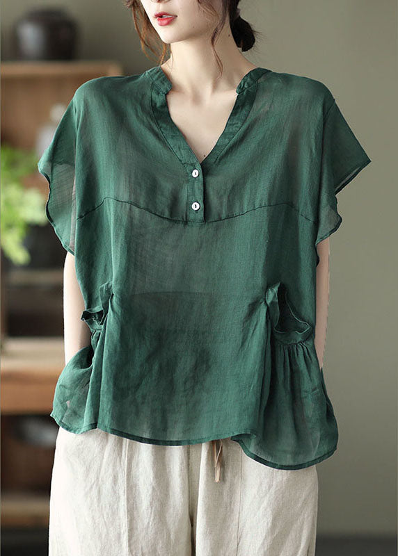 Elegant Green V Neck Button Fall Short Sleeve Blouse Top