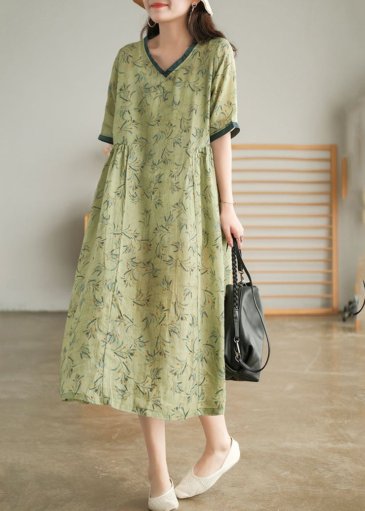 Elegant Green Wrinkled V Neck Patchwork Cotton Long Dress Short Sleeve