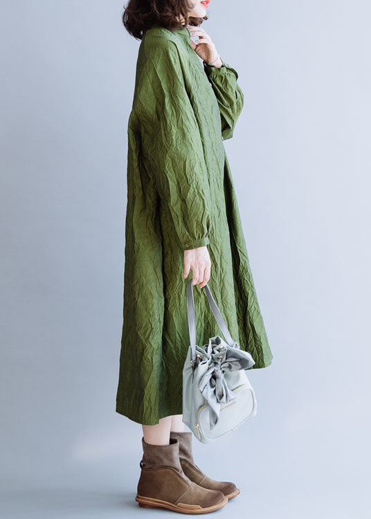 Elegant Green wrinkled Button Cotton Long Dress Spring