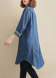 Elegant Lapel Patchwork Top Pattern Denim Blue Top - SooLinen