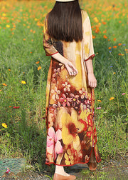 Elegant Light Yellow O-Neck side open print Long Dress Half Sleeve