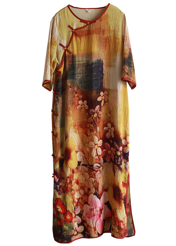 Elegant Light Yellow O-Neck side open print Long Dress Half Sleeve