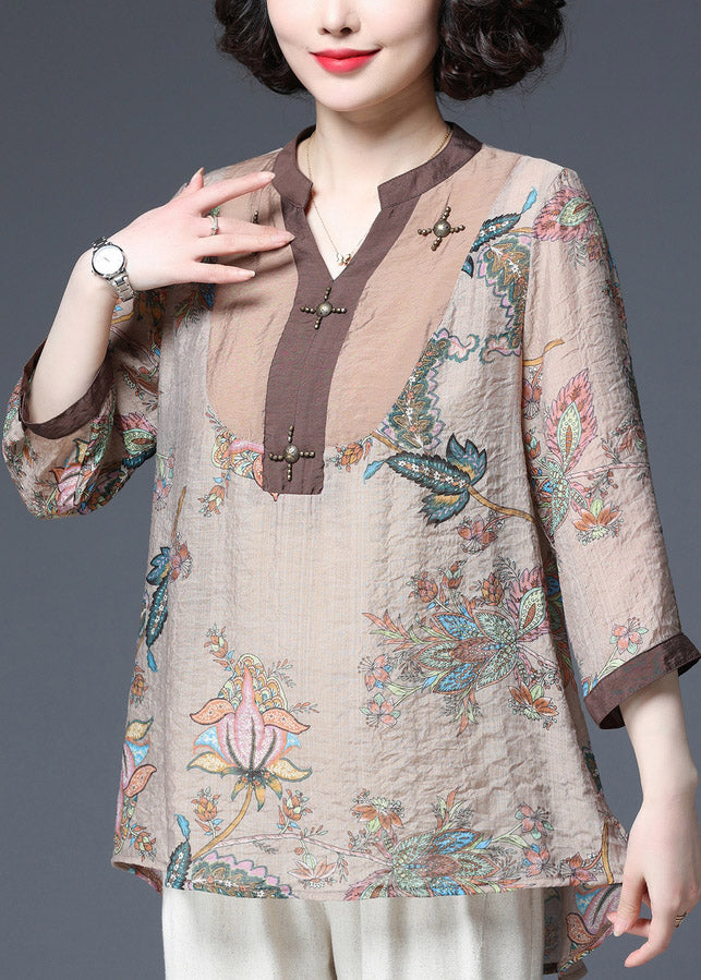 Elegant Light Chocolate V Neck Sequined Patchwork Print Chiffon Tops Half Sleeve