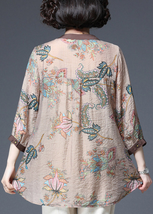 Elegant Light Chocolate V Neck Sequined Patchwork Print Chiffon Tops Half Sleeve