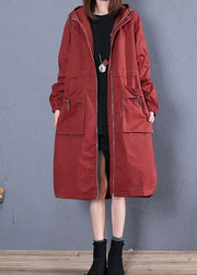 Elegant Loose fitting long jackets fall jacket red side open hooded Coat Women - SooLinen