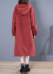 Elegant Loose fitting long jackets fall jacket red side open hooded Coat Women - SooLinen