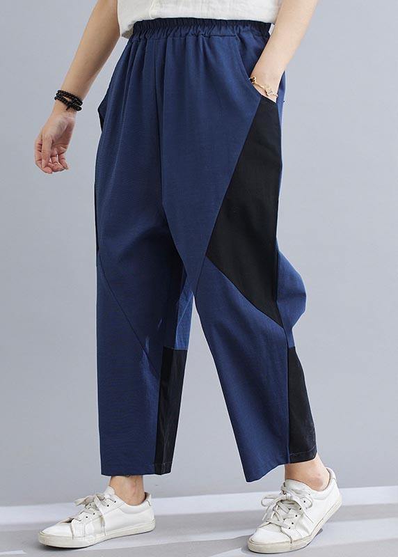 Elegant Navy Patchwork Elastic Waist Radish trousers Pants Summer Cotton Linen - SooLinen