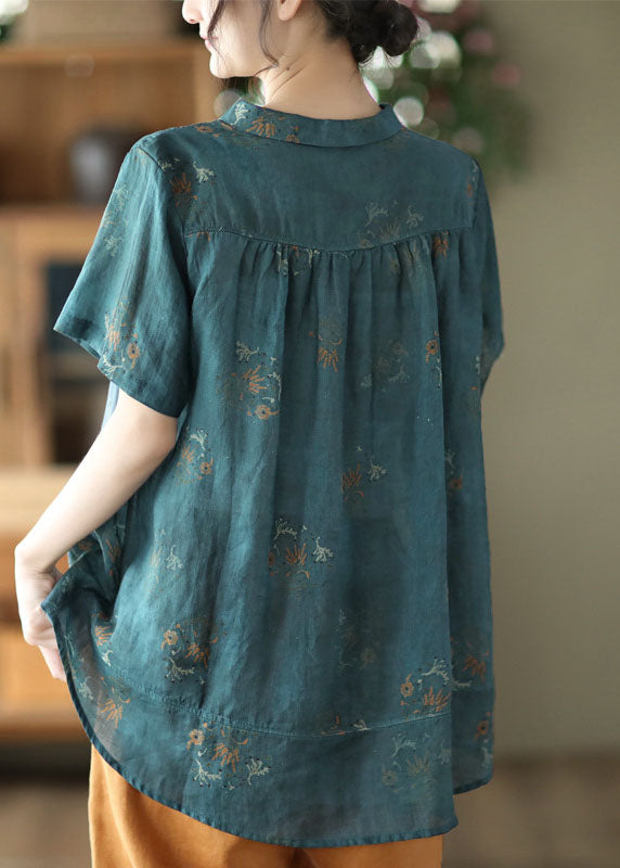 Elegant Navy Peter Pan Collar Wrinkled Linen Shirt Top Short Sleeve