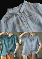 Elegant Navy Peter Pan Collar Wrinkled Linen Shirt Top Short Sleeve