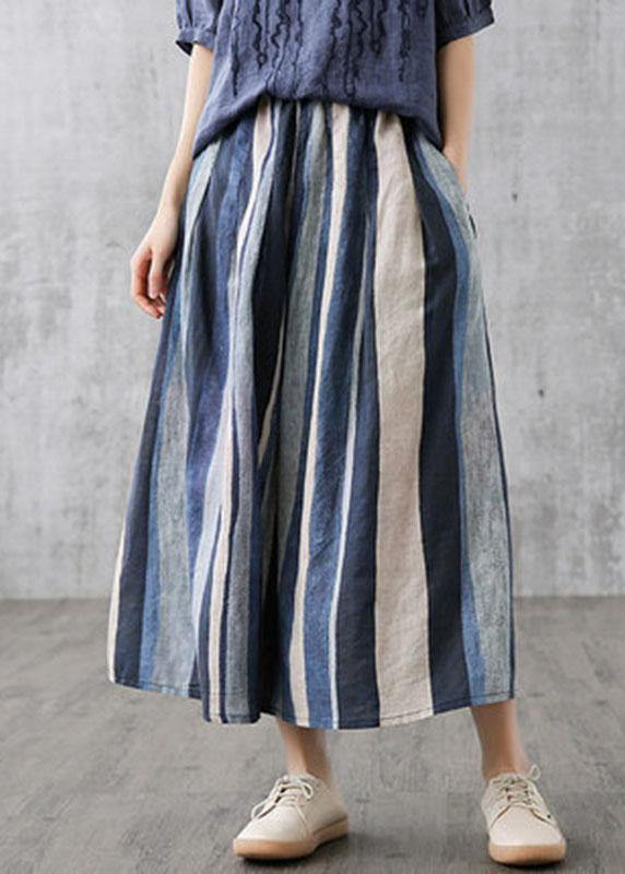 Elegant Navy Retro Striped A Line Summer Skirts Linen - SooLinen