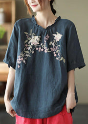 Elegant Navy Ruffled Embroideried Summer Linen Shirt - SooLinen