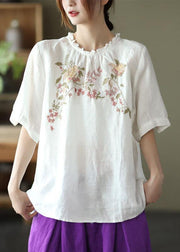 Elegant Navy Ruffled Embroideried Summer Linen Shirt - SooLinen