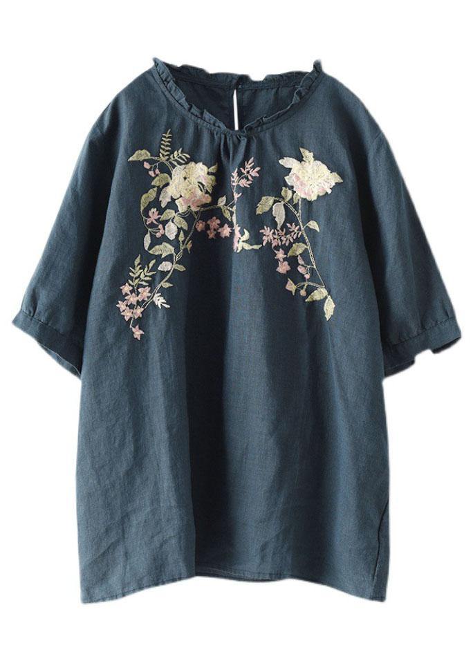 Elegant Navy Ruffled Embroideried Summer Linen Shirt - SooLinen