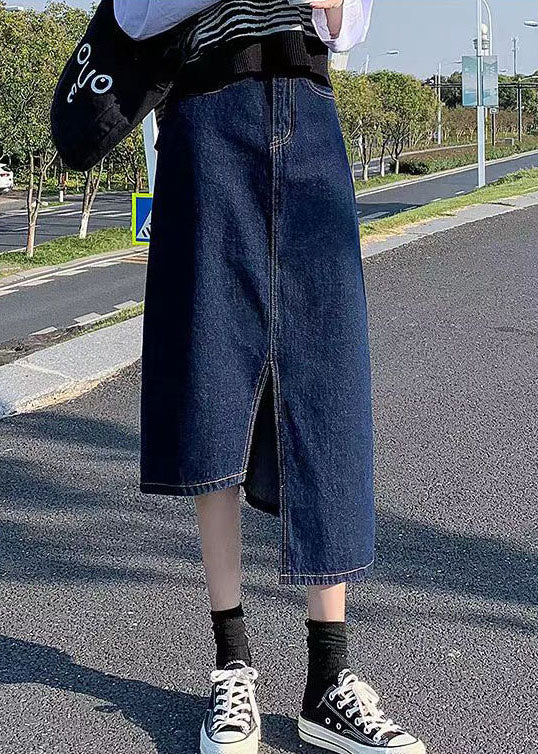 Elegant Navy Side Open Asymmetrical Pocket Cotton Denim Wraped Skirts Summer