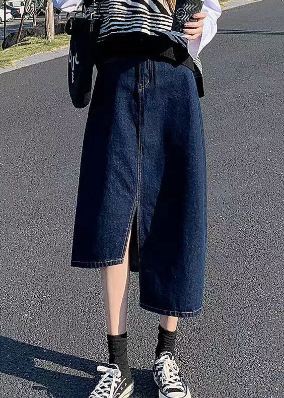 Elegant Navy Side Open Asymmetrical Pocket Cotton Denim Wraped Skirts Summer