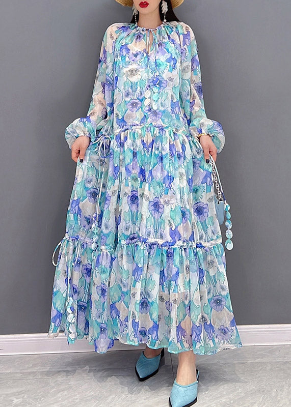 Elegant O-Neck Drawstring wrinkled Print Chiffon Long Dresses lantern sleeve