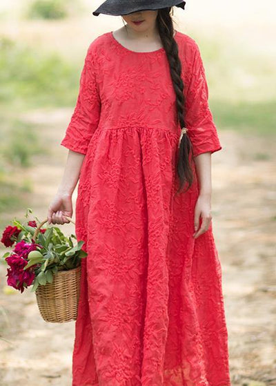 Elegant O Neck Half Sleeve Summer Outfit Neckline Red Embroidery Robes Dresses - SooLinen