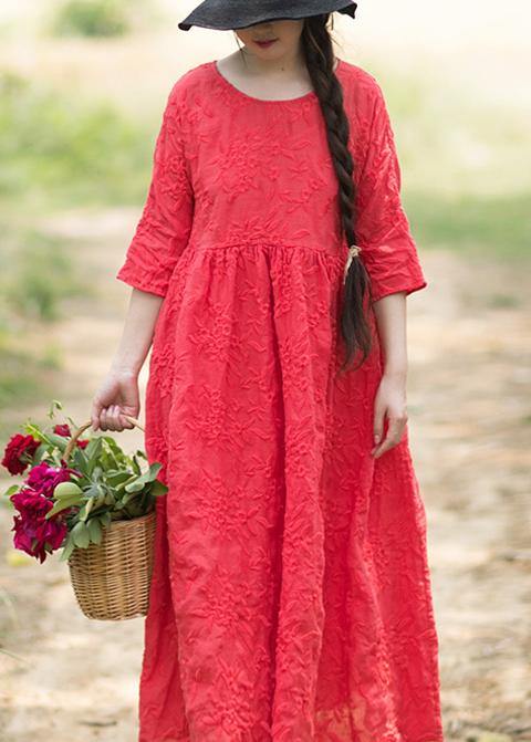 Elegant O Neck Half Sleeve Summer Outfit Neckline Red Embroidery Robes Dresses - SooLinen