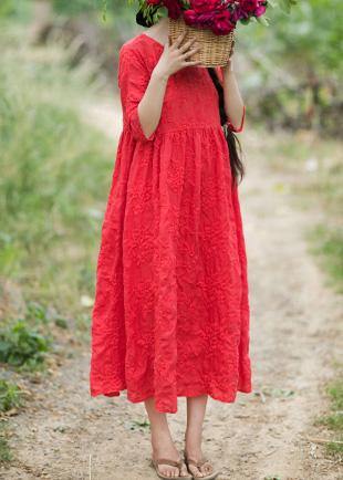 Elegant O Neck Half Sleeve Summer Outfit Neckline Red Embroidery Robes Dresses - SooLinen