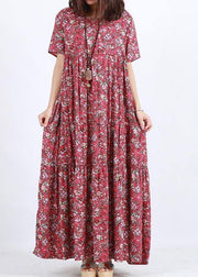 Elegant O Neck Patchwork Summer Dress Sewing Red Print Loose Dress - SooLinen