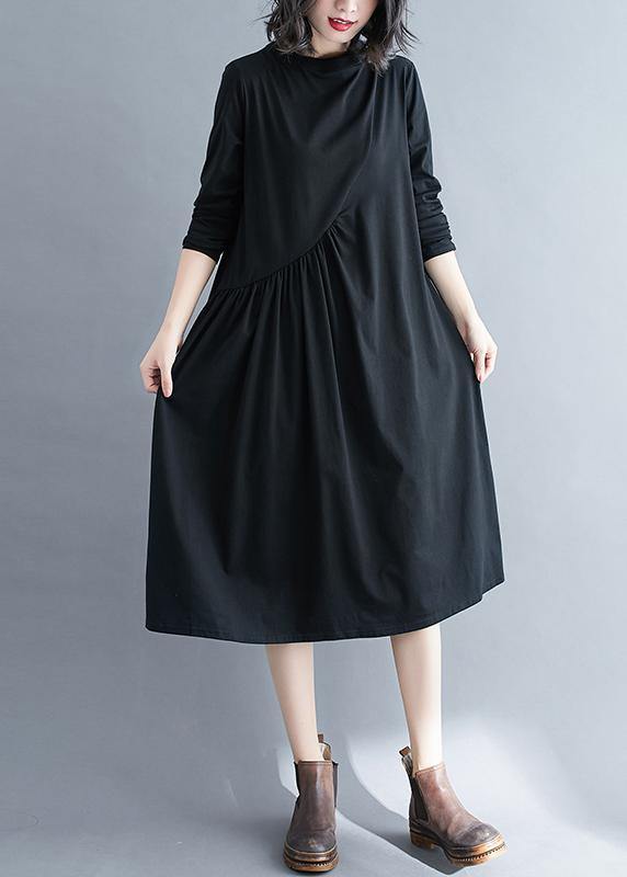 Elegant O Neck Wrinkled Spring Tunics Outfits Black Maxi Dress - SooLinen