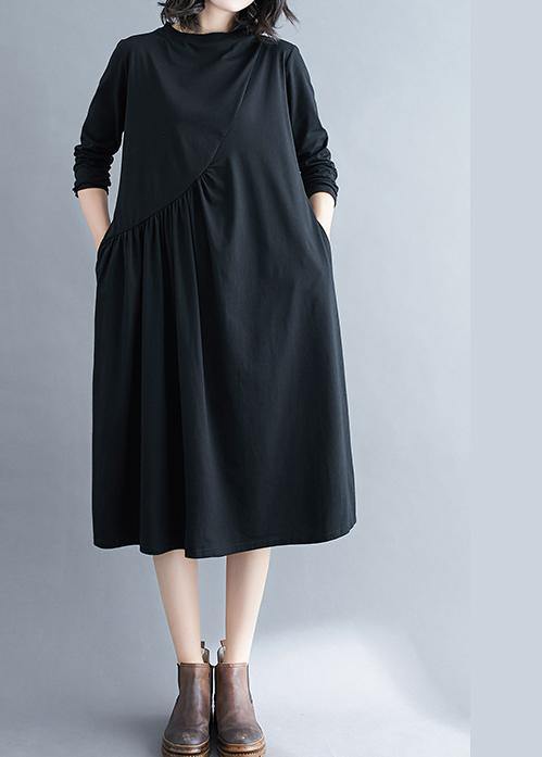 Elegant O Neck Wrinkled Spring Tunics Outfits Black Maxi Dress - SooLinen