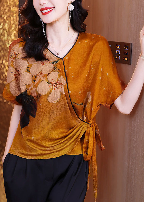 Elegant Orange V Neck Asymmetrical Design Tie Waist Print Silk Tops Summer