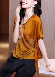 Elegant Orange V Neck Asymmetrical Design Tie Waist Print Silk Tops Summer