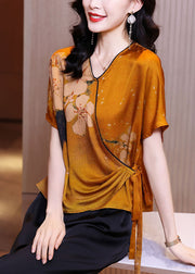 Elegant Orange V Neck Asymmetrical Design Tie Waist Print Silk Tops Summer