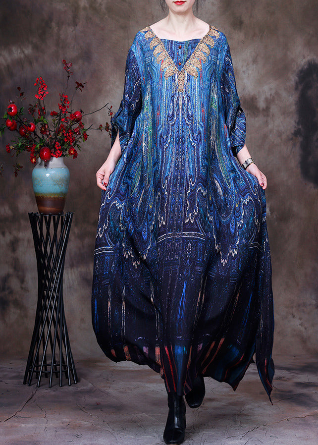 Elegant Peacock Blue V Neck Print Side Open Button Silk Long Dresses Summer